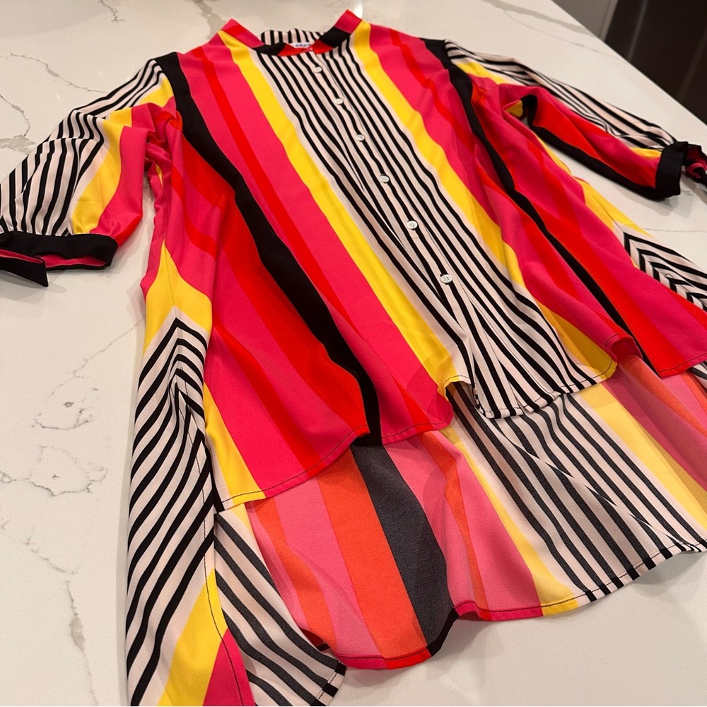 Nygard Women XL Bright Pink Stripe Tie Sleeve Button Tunic Blouse Top Colorful - Picture 2 of 10